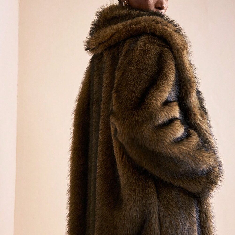 Brown Preppy Women's Fluffy Ombre Long Elegant Faux Fur Parka Coat - Picture 5 of 7